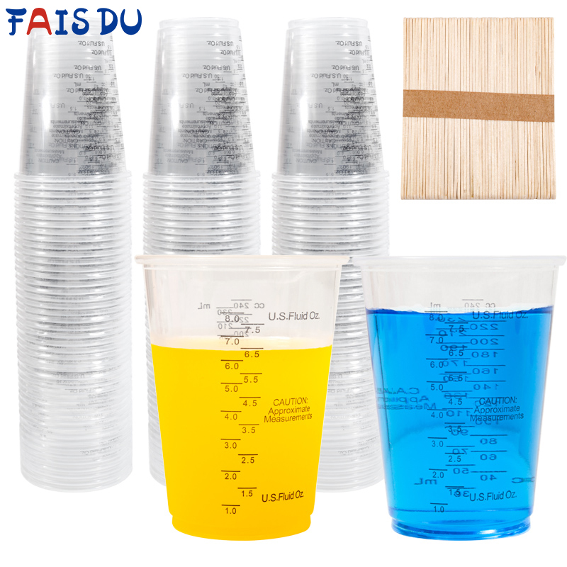 Mixing Cup Silicone - FAIS DU ถ้วยตวงแบบใช้แล้วทิ้ง8ออนซ์พร้อมแท่งกวนถ้วยผสมเรซินอีพ็อกซี่พลาสติกสำหรับการอบสีผสมสี